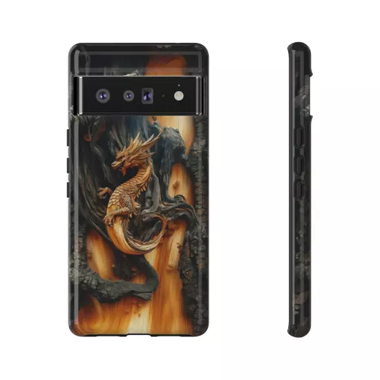 For iPhone, Samsung Galaxy, Pixel - Phone Case Cover - Carved Wood Dragon Print