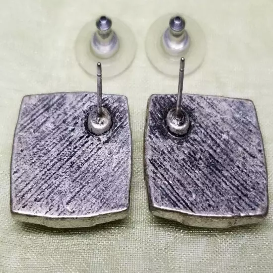 Lovely Square Crystal and Silvertone Checkerboard Pierced Earrings 