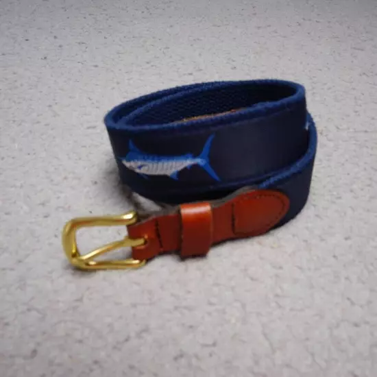 Leather Man Belt Sz 30 Blue Cotton Marlin Fishing Print Leather Brass Buckle