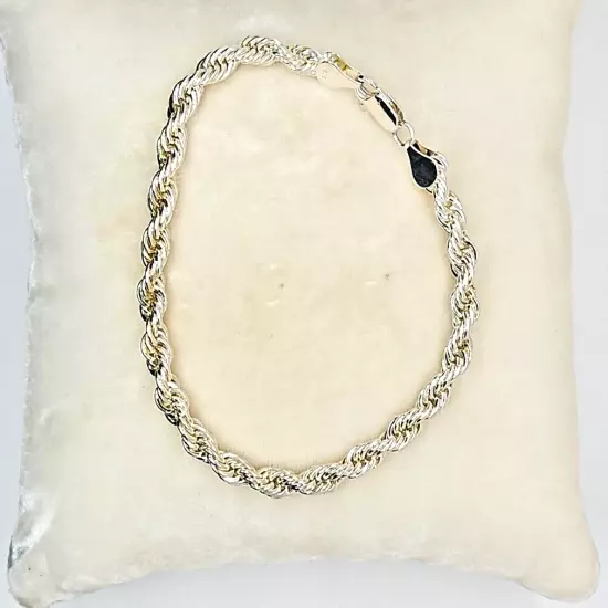 6MM Width Rope Chain Bracelet Round Cut Silver Plated large wrist or ankle