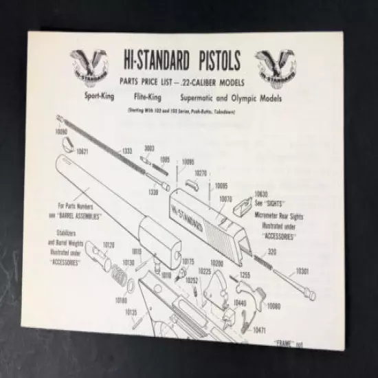 1963 HIGH STANDARD Parts Price List .22 Cal Sport/Flite King Supermatic Olympic