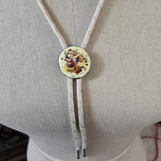 White Color Bolo Tie With Yellow Rust Color Oval Enamel 1.5"x1" Clasp 30" Tie