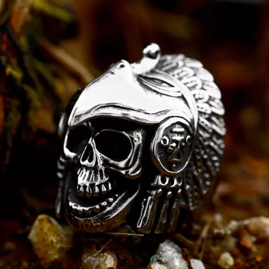 Indian Eagle Beak Helmet Skull Ring Stainless Steel Gothic Biker Skull Punk Ring