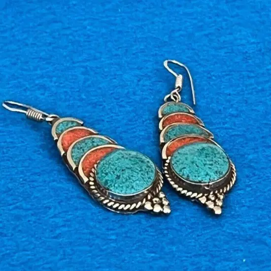 E17 Silver Turquoise and Carnelian Pierced Dangle Fishhook Earrings