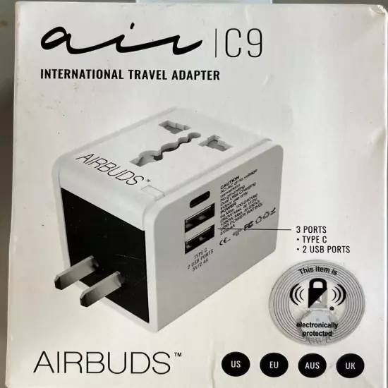 Air C9 International Travel Adaptor By Airbuds. 3 Ports Type C 2 USB