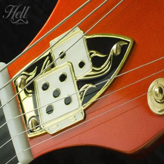 "BLAZING DICE" Brass Truss Rod Cover (Gold). Fits most Gretsch® style guitars.