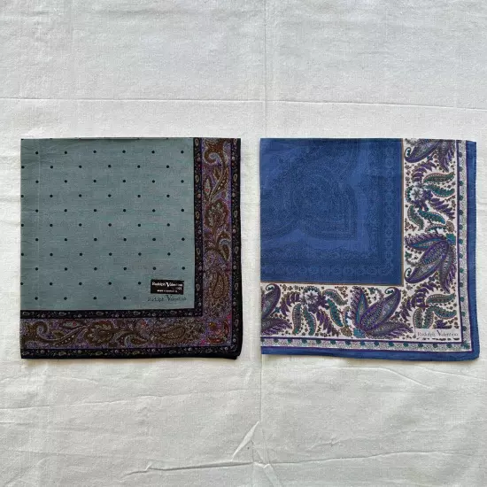 Set of 2 Handkerchief Vintage Green Blue Cotton Floral Paisley Pocket Square 18"