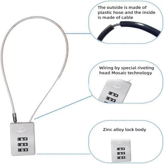 3 Digit Cable Combination Lock 16 Inches Cable for School Gym Locker,Filing Cabi