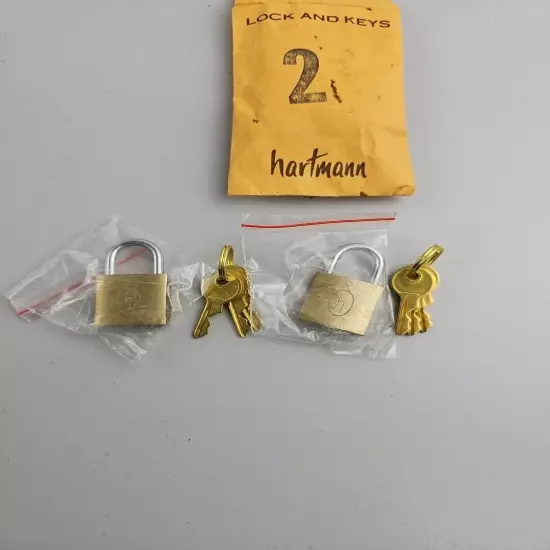 Vintage HARTMANN Brass Luggage Padlock Lock and Key set of 2