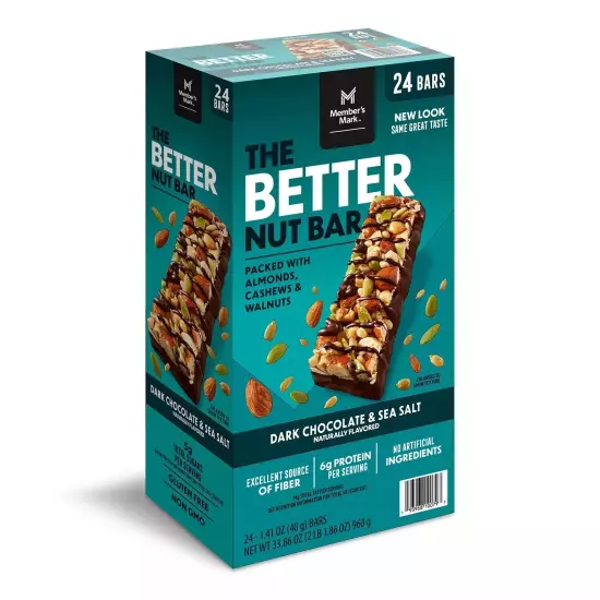 Members Mark The Better Nut Bar , Dark Chocolate & Sea Salt (12+12 = 24 Bars).