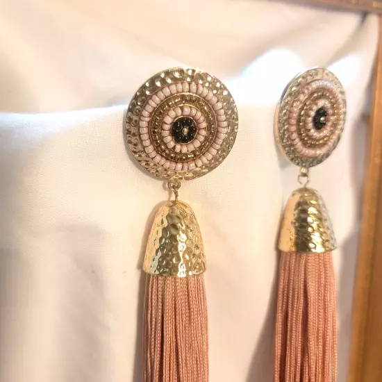 Champagne Pink- TASSLE Gold Tone Beaded Fringe Dangle Earrings 6 INCHES Pierced