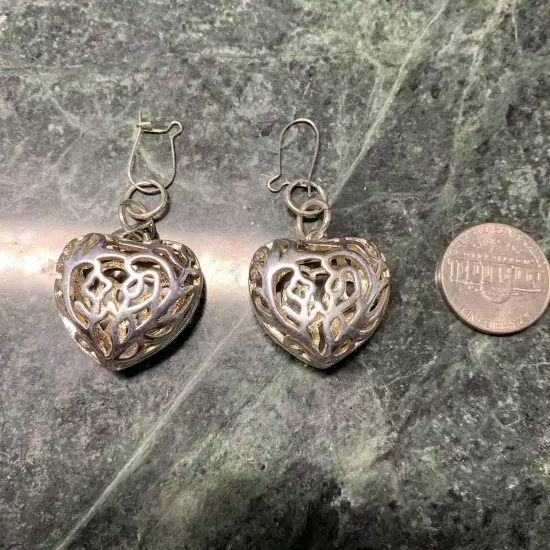 Hollow Puffy Silver Tone Filigree Heart Dangle Earrings