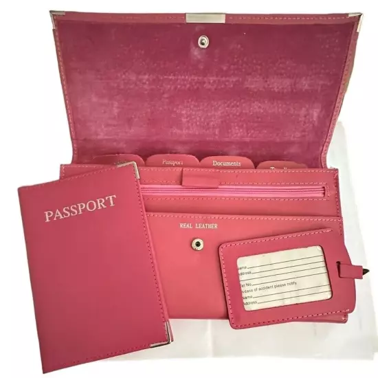 Woman’s Document Passport Travel Organizer Vintage Pink Leather Bi Fold Clutch