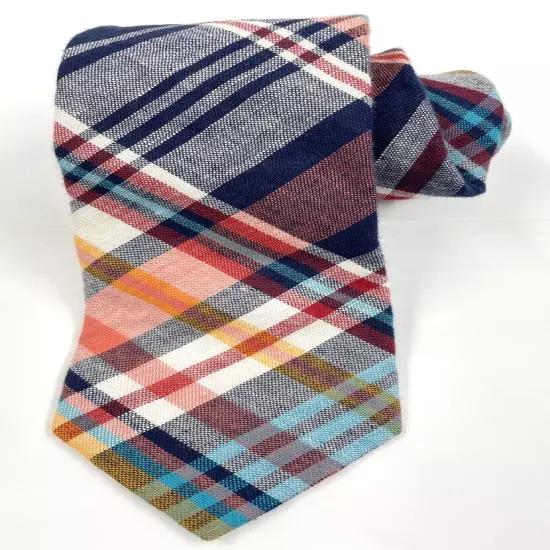 Express Red Blue Plaid Linen Cotton Skinny Long Preppy Necktie Tie 2.8" x 63"