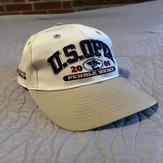 Vintage Golf Hat 2000 US Open Ahead Strap Back Pebble Beach Beige Tiger Woods