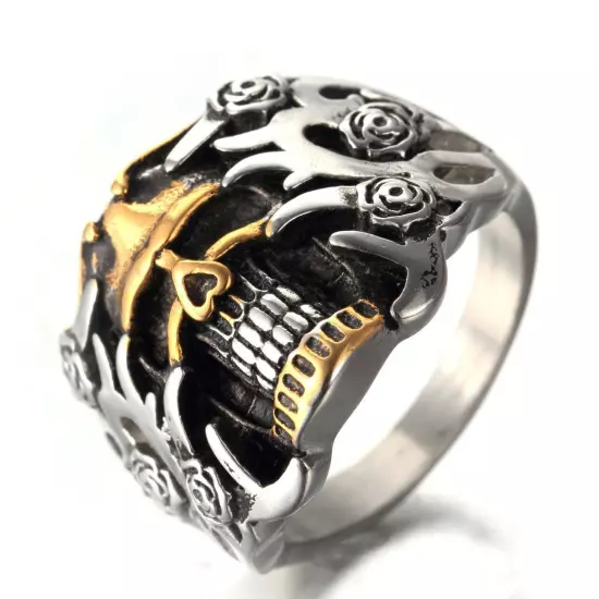 Mens Stainless Steel Gothic Rings Steam Punk Biker Flower Skeletons Gold Jewelry