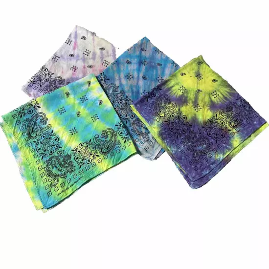 Tie Dye Paisley Bandana, 100% Cotton, 2 Sided. Hand Dyed Set 4 California Dye