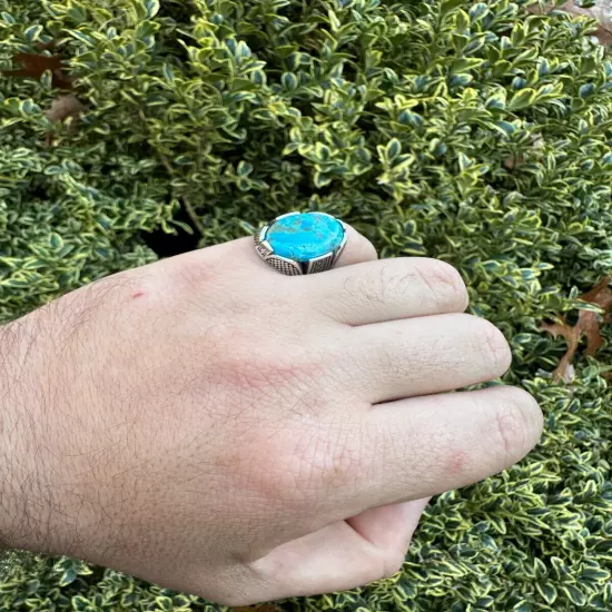 Mens Real Solid 925 Sterling Silver Blue Turquoise Natural Native Gemstone Ring