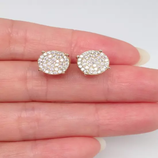 Men's 925 Sterling Silver Cz Round Cube Stud Earrings Gold Studs 8mm x4.5mm