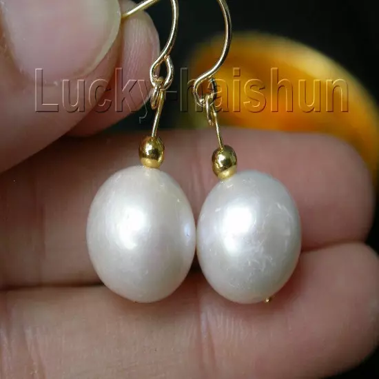 natural Dangle 11mm round white pearls Earring 14K solid gold hook j8561