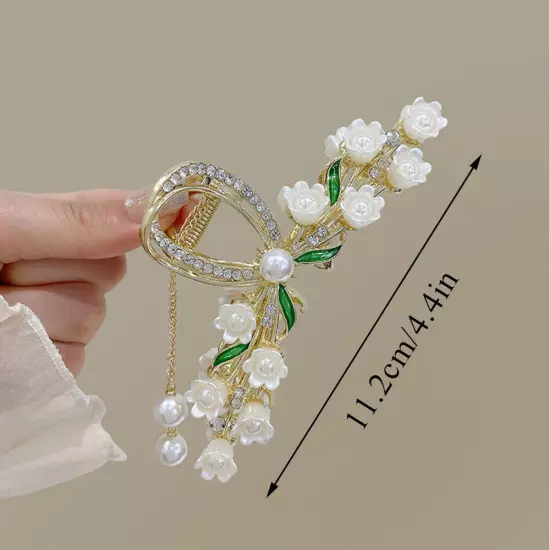 Large Rhinestone Hair Claw Pearl Flower Tassels Fan-shaped Metal Ponytail Clip