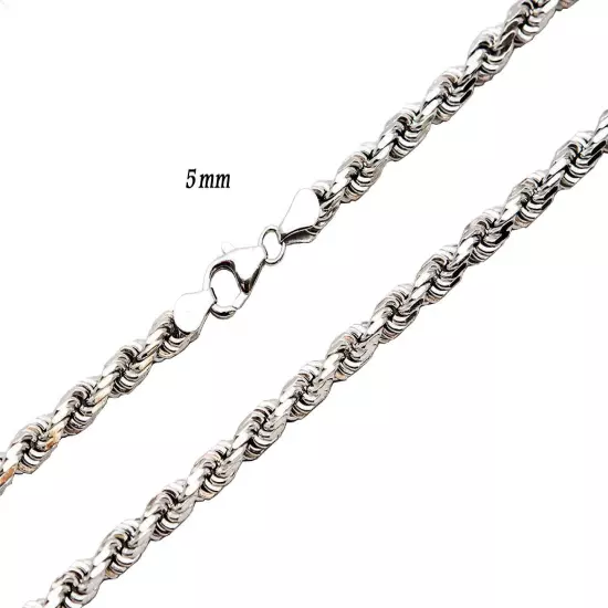 14k Solid White Gold Rope Chain Necklace D/cut 1mm-5mm Mens' Women Sz 16"-30"