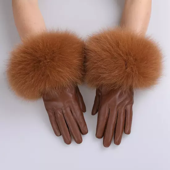 Women Genuine Lambskin Leather Gloves With Real Fox Fur Trim Cuff Winter Warm