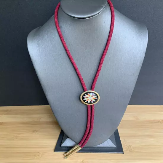 Vintage Flower Women’s Bolo Tie Country Western Wear Gold Tone Red Burgundy Cord