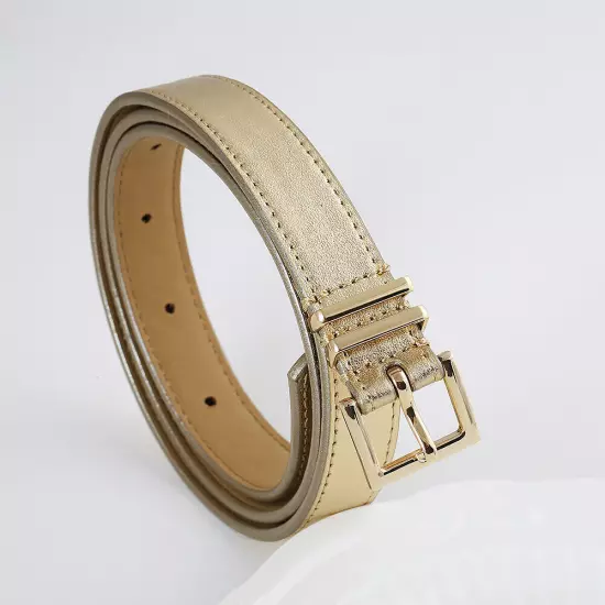 New with label TALBOTS Gold plain leather brass square button women's belt