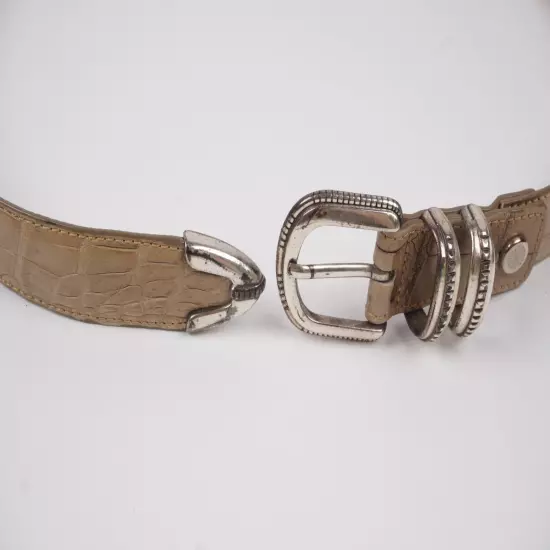 KWANPEN Genuine Crocodile Handmade Belt Womens Tan Silver Buckle Leather Sz 38