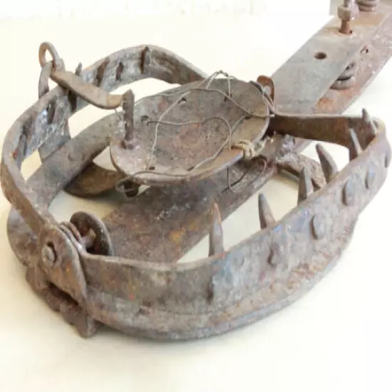 18c Vintage Antique Hand Forged Iron ANIMAL TRAP w/ Strong Spring & Wrought Jaws