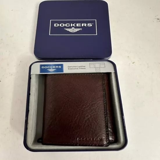 Vintage dockers genuine leather executive trifold brown mens wallet tin can 