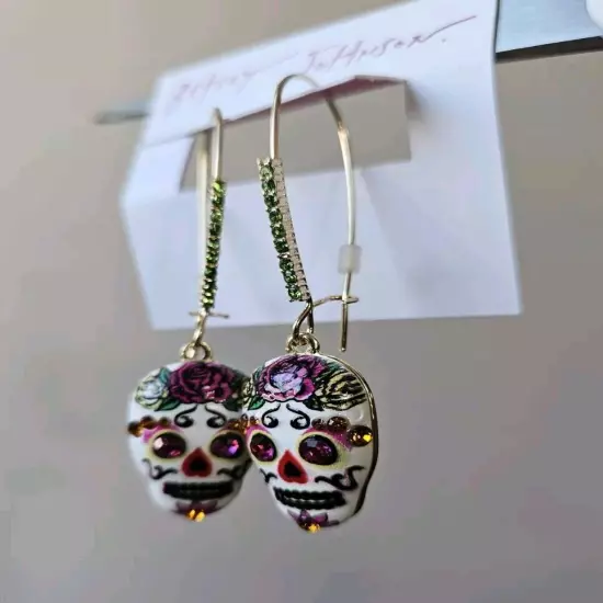 Betsey Johnson Stone Sugar Skull Dangle Earrings.