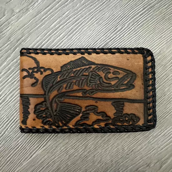 Vintage Hand Tooled Brown Leather Wallet Bifold Fish/Duck Lake Scene