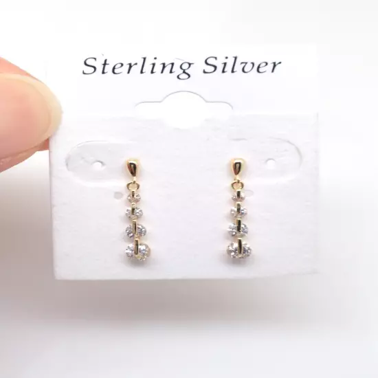 Dainty Graduated Cz Dangle Earrings 925 Sterling Silver 19mm x1.5/3.2mm Gold