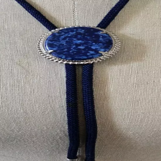 Dark Blue Color Bolo tie with Faux Lapis Oval 2"x1.5" Clasp 30 Inch Tie