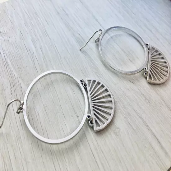 Art Deco Large Hoop Earrings For Women Silver Tone Dangle Drop