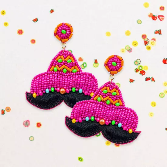 Pink Felt Back Seed Beaded Hat Mustache Dangle Earrings