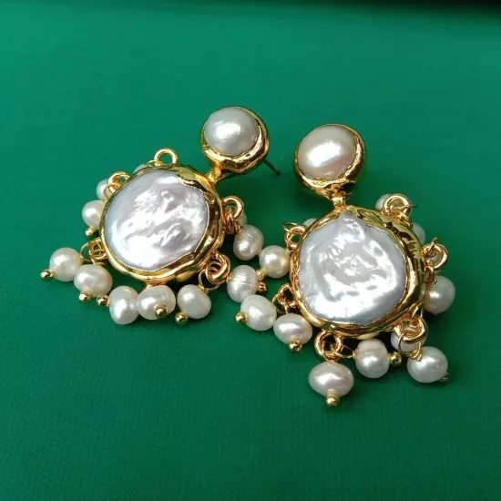 natural Cultured White Coin Pearl Dangle Stud Earrings