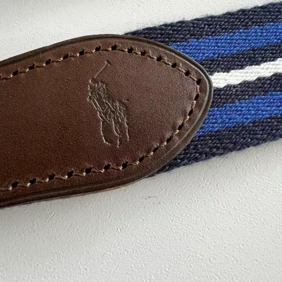 Ralph Lauren Polo Belt Blue Striped Cotton Canvas Leather Trim Buckle Size 34 35