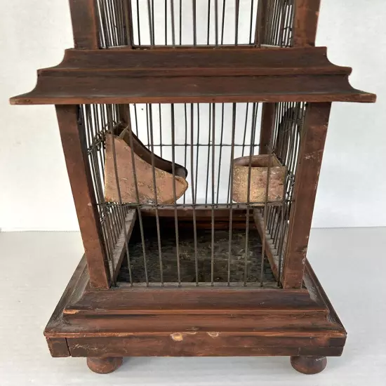 Vintage Bird Cage 30" Pagoda Style Brown Wood & Wire Large Floor Standing Cage