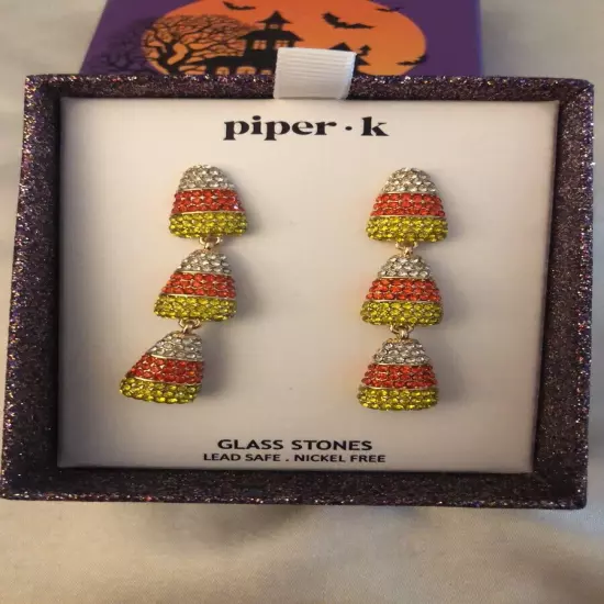 Piper K Gold Tone Triple Candy Corn Drop Earrings Glass Crystal Accents NIB