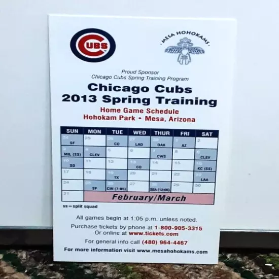 Chicago Cubs 2013 Spring Training Baseball Schedule Mesa Arizona Hohokam Park