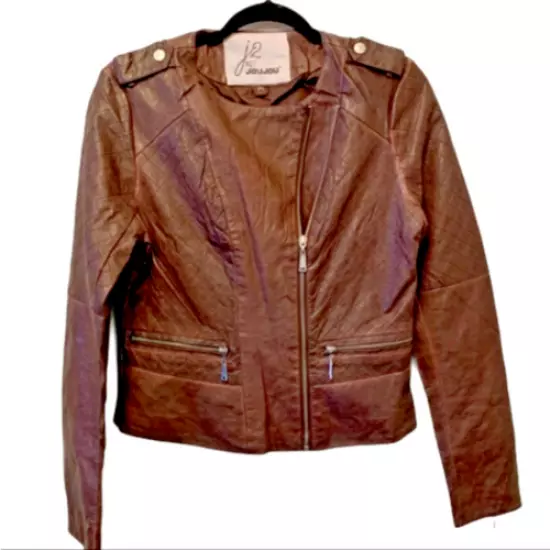 NWT JouJou BROWN Faux Leather Moto Jacket lots of zippers, Detailing S Small