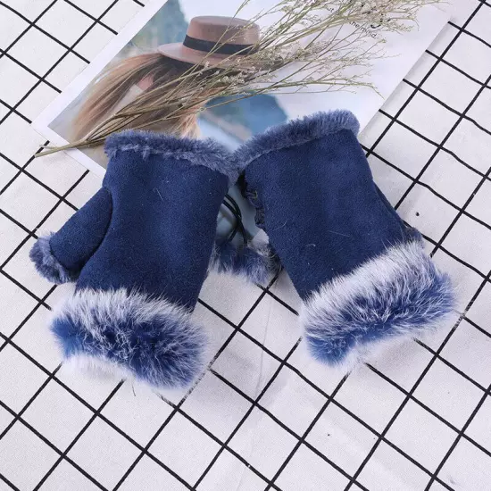 Womens Winter Warmer Fingerless Gloves Faux Rabbit Fur Suede Wrist Solid Mittenღ