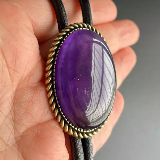 Natural Amethyst Stone Mens Bolo Tie Cowboy Vintage Alloy Waxed Rope Wedding