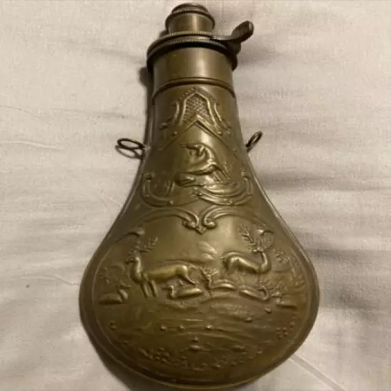 Vintage / Antique Gun Powder Flask Copper & Brass With Deer, Birds & Dog