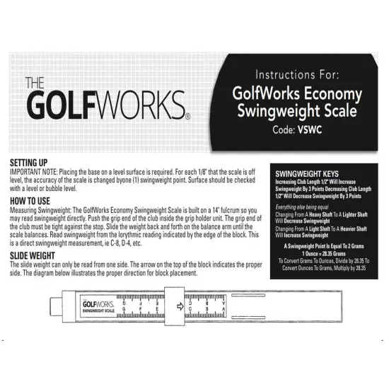 GolfWorks Economy Golf Club Swingweight Swing Weight Scale - with Instructions