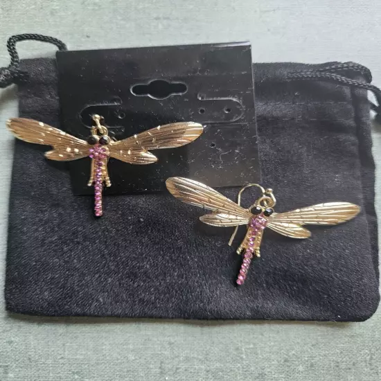 JTV Off Park Collection New Dragonfly Earrings PINK RHINESTONE Dangle gold Tone