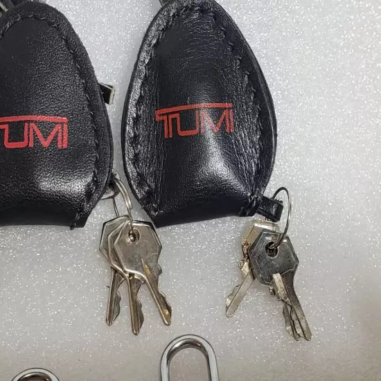 Lot of (3) Vintage Tumi Brass Luggage Travel Bag Lock, Keys & Leather Keeper